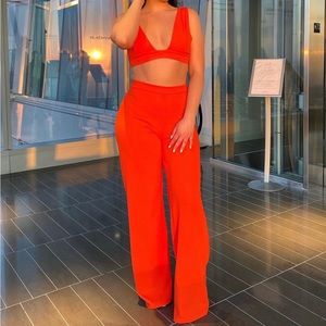 New Red Wide Leg High Waist Pants + Top Set